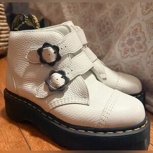 White Dr. Martens Devon Flower Buckle Ankle Boot Never Worn Doc Flower Buckle